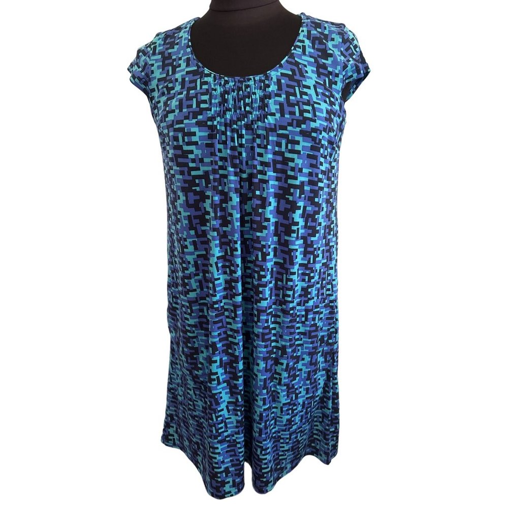 Tribeca Studio Blue & Black Short Sleeve Dress With Shelf Bra & Pockets, Size MP